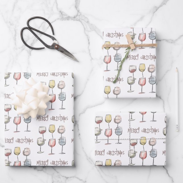 Scribbly doodle wine glass pattern Merry Christmas Wrapping Paper Sheet (Front)