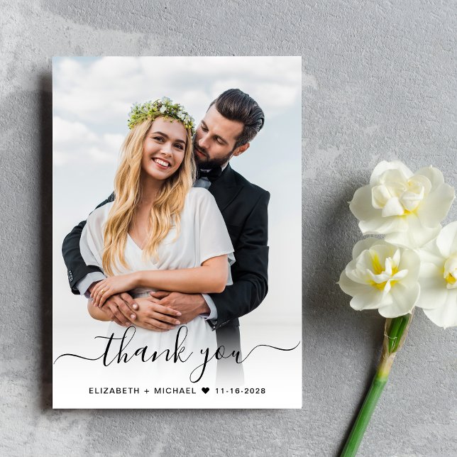 Script 2 Photo Cream Wedding Thank You Card (Upload a photo reflecting the love and joy of your wedding day)