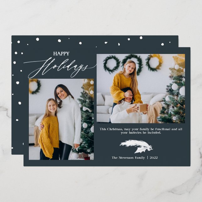 Script 2 photos Chistmas blue happy Foil Holiday Card (Front/Back)