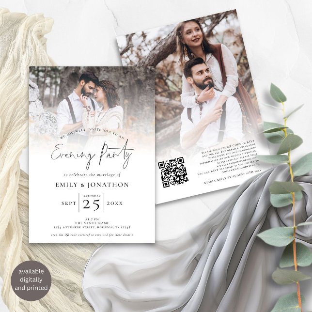 Script 2 Photos Overlay QR Wedding Evening Party Invitation (Front and back view)