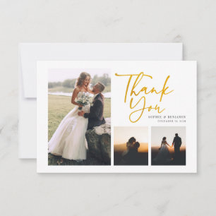  Script 4 Photos Gold Hand-Lettered Wedding Thank You Card