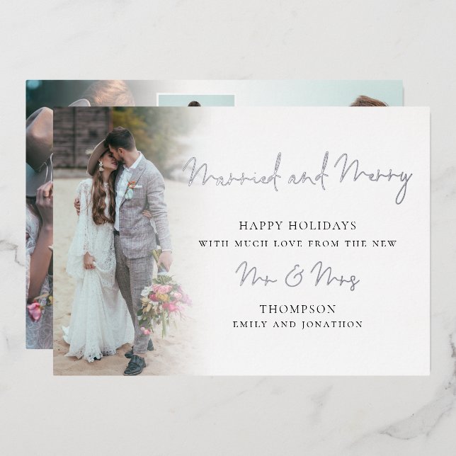 Script 6 Photos Married and Merry Christmas Real F Foil Holiday Card (Front/Back)