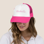 Script Add Your Name Elegant Pink Girls Modern Trucker Hat<br><div class="desc">Personalised Initial Letter Name For Him For Her Template Elegant Trendy Pink And White Trucker Hat.</div>