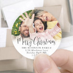Script and Photo Christmas Return Address Labels<br><div class="desc">Add a stylish finishing touch to holiday card envelopes with custom photo round return address labels. All text on this template is simple to personalise with any wording, such as Merry Christmas, Happy Holidays, Seasons Greetings, or Happy New Year. As an option, change the script typography to your name, and...</div>