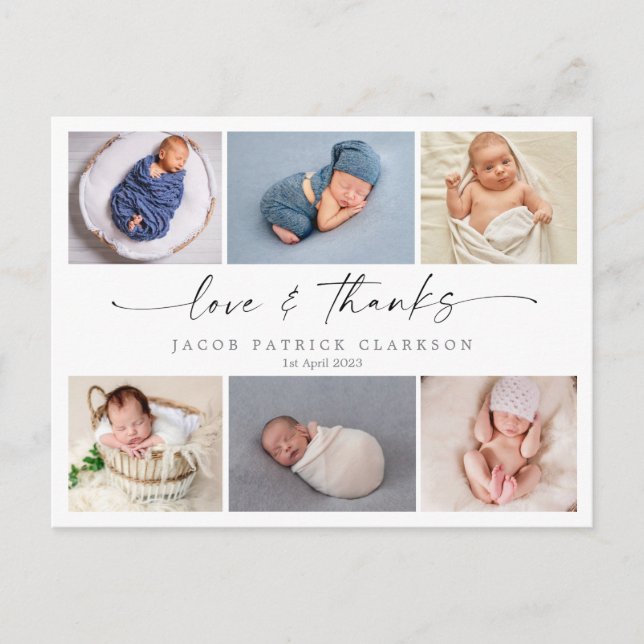 Script baby thank you card, love and thanks postcard (Front)