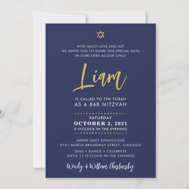SCRIPT BAR MITZVAH lettering gold navy blue Invitation (Front)