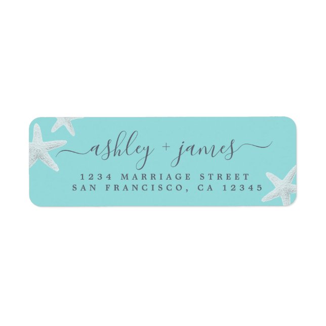 Script Beach Starfish Blue Wedding Return Address (Front)