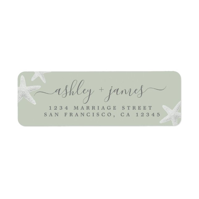 Script Beach Starfish Green Wedding Return Address (Front)
