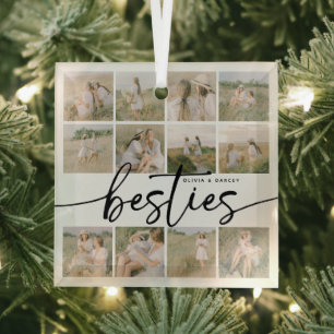 Script Besties Photo Collage Personalised Glass Tree Decoration