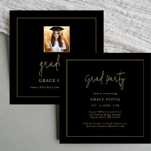 Script Black and Gold Graduation Party Photo Invitation