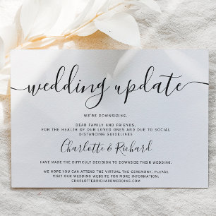 Script black and white wedding downsizing photo announcement