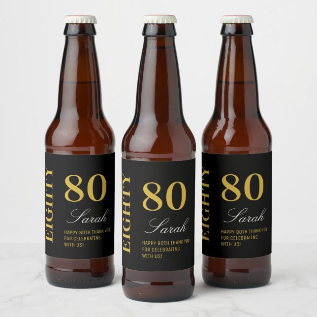 Script Black & Gold 80th Birthday Cocktail Party  Beer Bottle Label (Bottles)