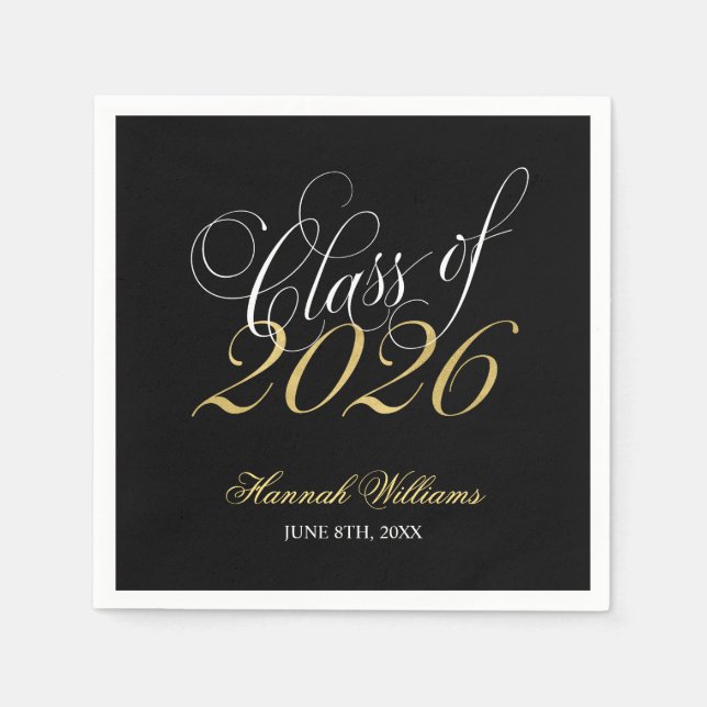 Script Black Gold Class of 2026 Graduation Napkin (Front)