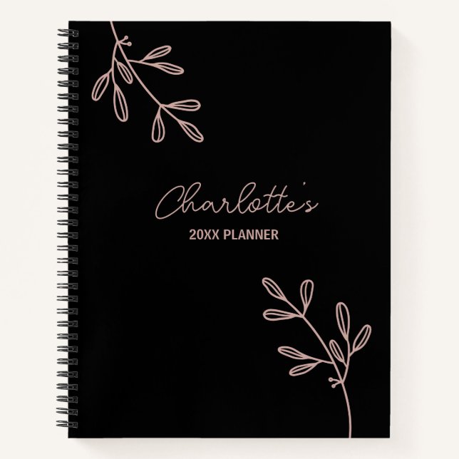 Script Black Pink Floral Bullet Joural Planner Notebook (Front)