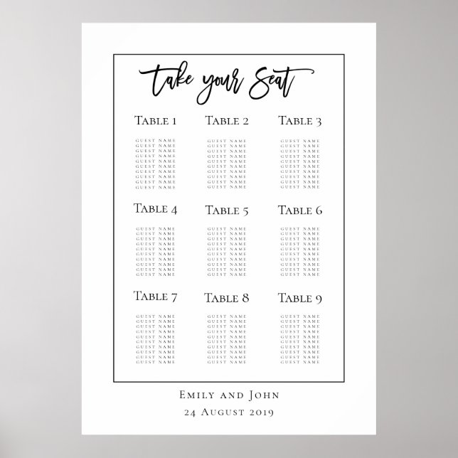Script Black Typography/border Seating Plan Poster (Front)