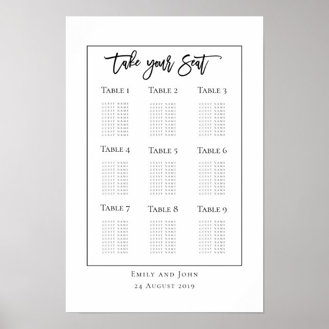 Script Black Typography/border Seating Plan Poster (Front)