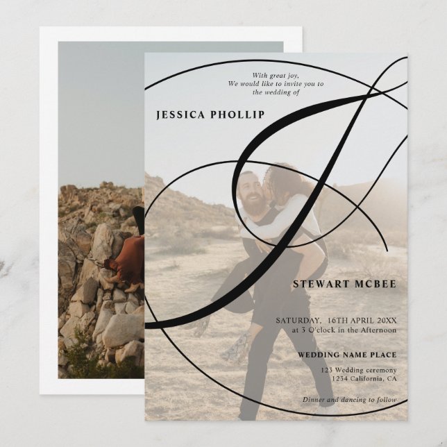 Script black white 2 photo calligraphy wedding invitation (Front/Back)