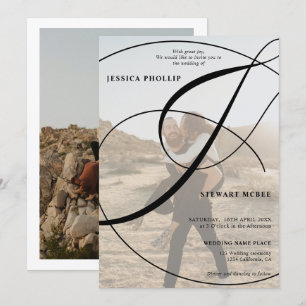 Script black white 2 photo calligraphy wedding invitation