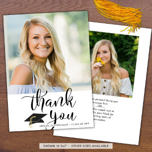Script Black White 2 Photo Graduation Thank You Card