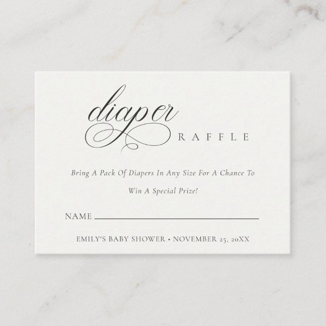 Script Black White Diaper Raffle Baby Shower Enclosure Card (Front)