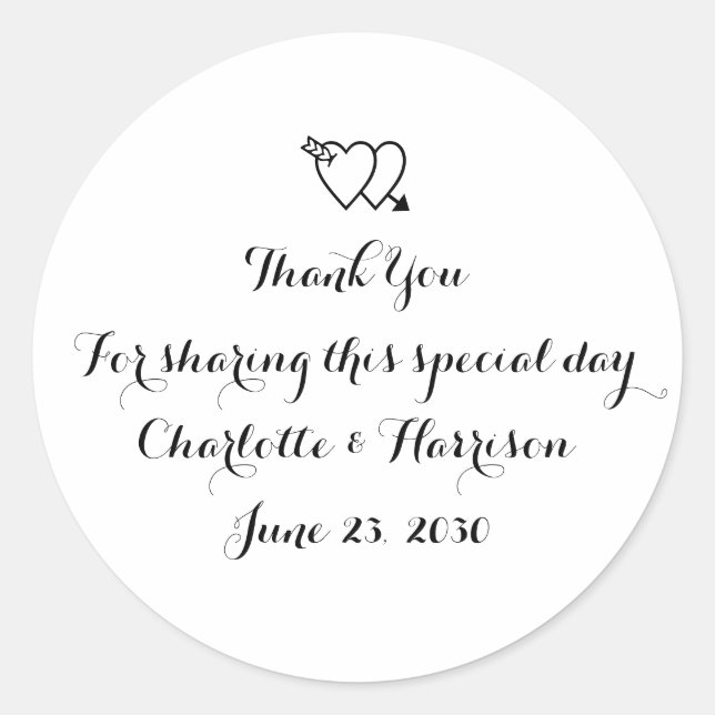 Script black white hearts Wedding gift favour Classic Round Sticker (Front)