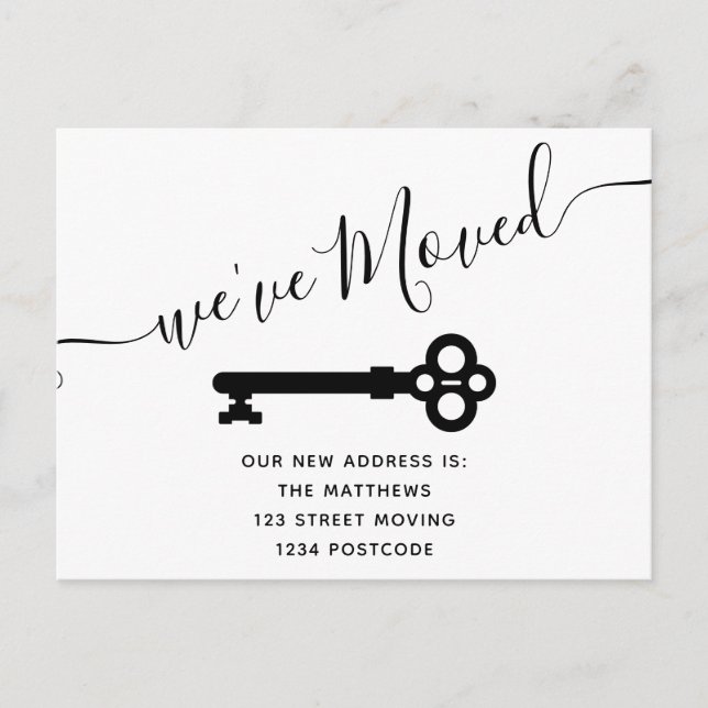 Script black white minimal key moving announcement postcard (Front)