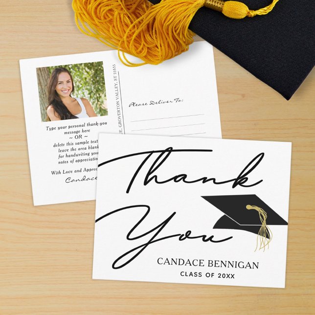 Script Black White Photo Graduation Thank You Postcard (Creator Uploaded)