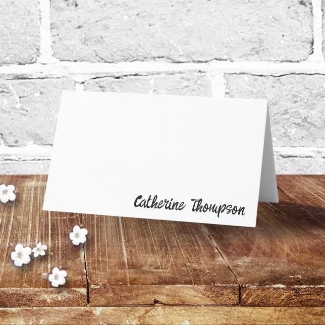 Script Black & White Wedding Simple Trendy Modern  Place Card (Simple Black & White Wedding Script Trendy Modern Name Place Card trying the knot theme minimalistic)