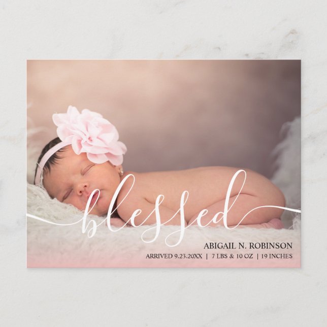 Script Blessed Baby Girl Photo Pink Announcement P Postcard (Front)