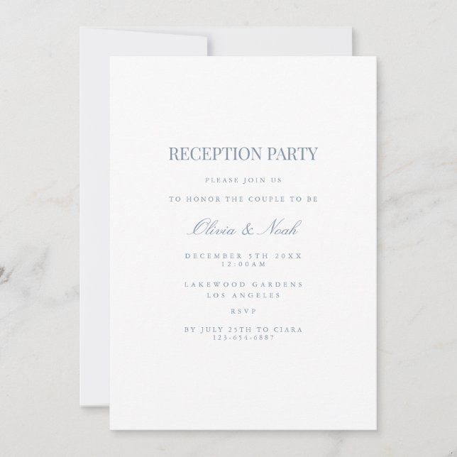 Script Blue & White Reception Invitation Card (Front)