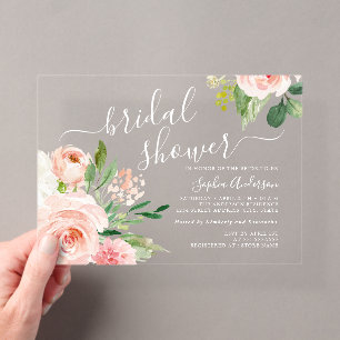 Script Blush Floral Bridal Shower Acrylic Invitations