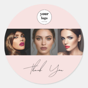 Script Blush Pink Logo Photo Makeup Thank You Classic Round Sticker