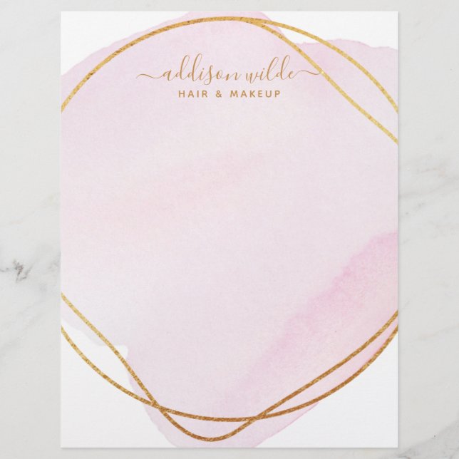 Script Blush Pink Watercolor Gold Circle Business Custom Letterhead (Front)