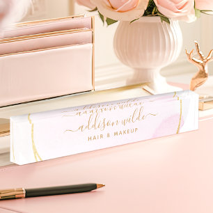 Script Blush Pink Watercolor Gold Circle Business Nameplate