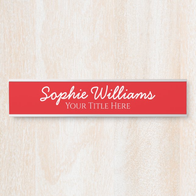Script Bold White Fonts Name Title on Bright Red Door Sign (Front)