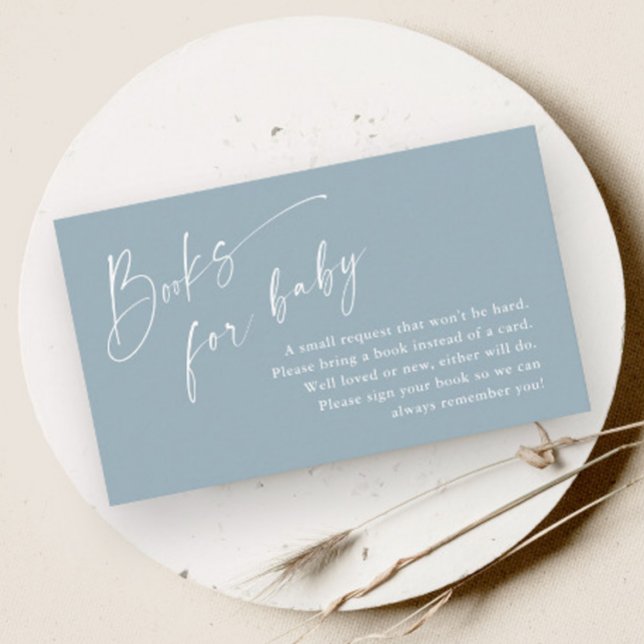 Script Books for Baby Boys Baby Shower Enclosure Card (Modern script dusty blue boys baby shower books for baby enclosure card.)