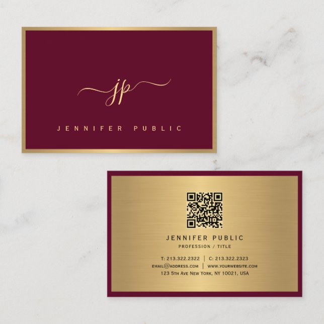 Script Bordeaux Gold Monogrammed European Size Business Card (Front/Back)
