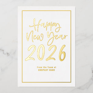 Script Border Logo QR Company Happy New Year 2026 Foil Holiday Card