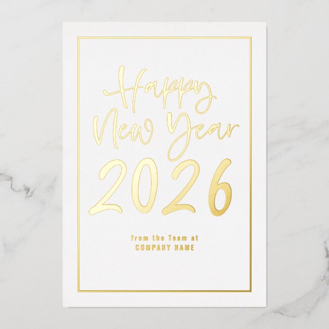 Script Border Logo QR Company Happy New Year 2026 Foil Holiday Card (Front)