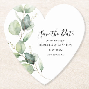 Script Botanical Eucalyptus Wedding Save the Date Paper Coaster