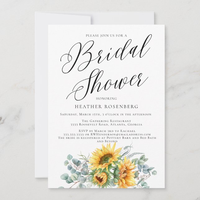 Script Bridal Shower Elegant Sunflower Invitation (Front)