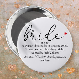 Script Bride Definition, Bridal Shower, Wedding 6 Cm Round Badge