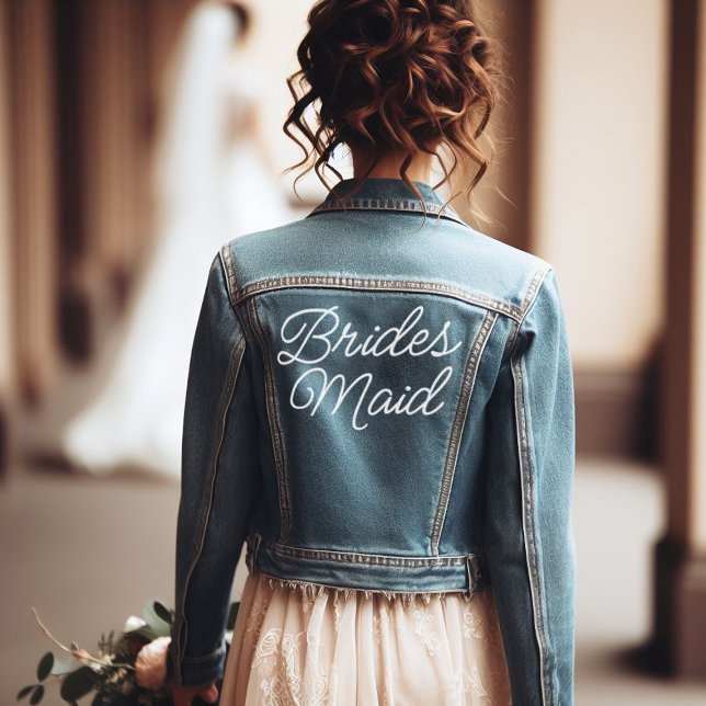 Script Bridesmaid Denim Jacket (bridesmaid jeans jacket with a wedding bouquet)