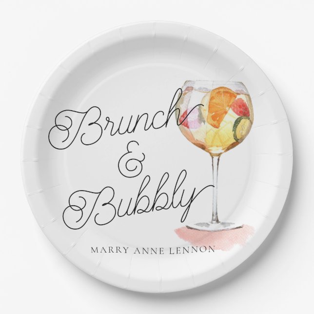 Script Brunch and Bubbly Cocktail Party Paper Plate (Front)