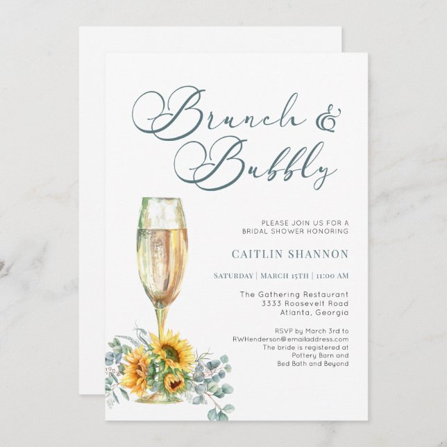 Script Brunch and Bubbly Sunflower Bridal Shower  Invitation (Front/Back)