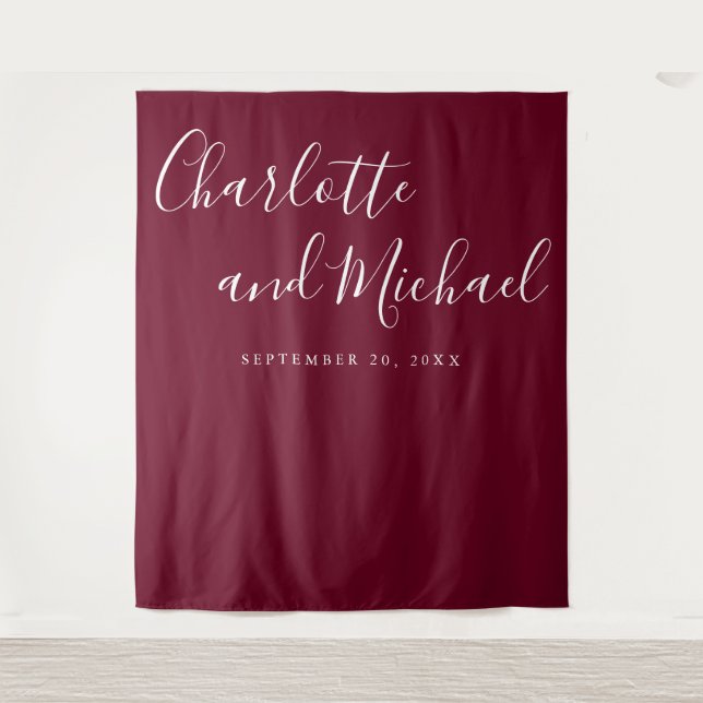 Script Burgundy Red Wedding Photo Booth Backdrop Tapestry (Front)