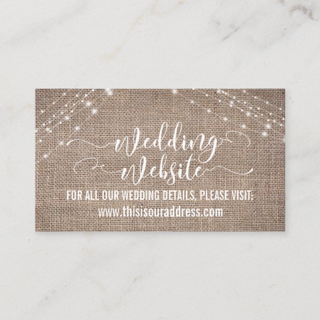 Script, Burlap & Light Strings Wedding Website Enclosure Card (Front)