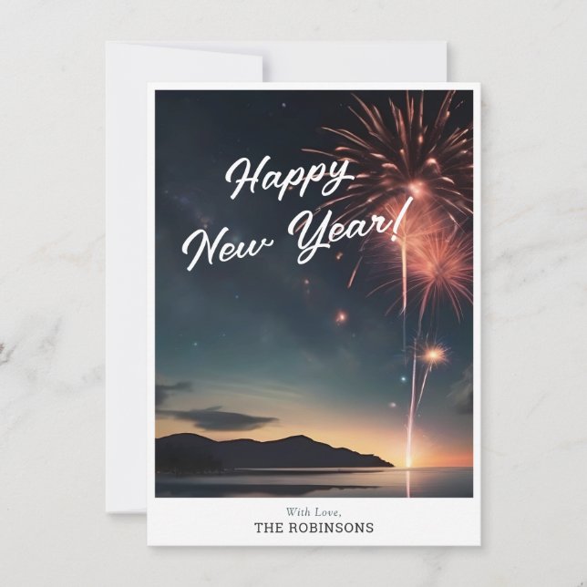 Script Caligraphy Happy New Year Fireworks Theme Holiday Card (Front)
