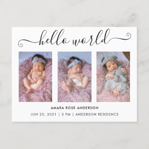 Script Calligraphy 3 Photo Hello World Birth Invitation Postcard