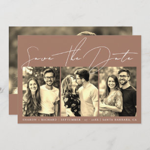 Script calligraphy 3 sepia photo collage mocha save the date